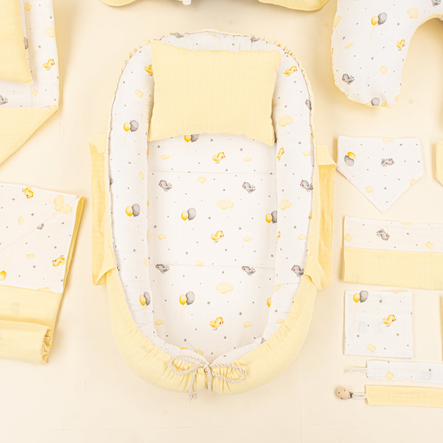 18 Parça Full Set - Çift Taraflı - Sarı Muslin - Sarı Kuş