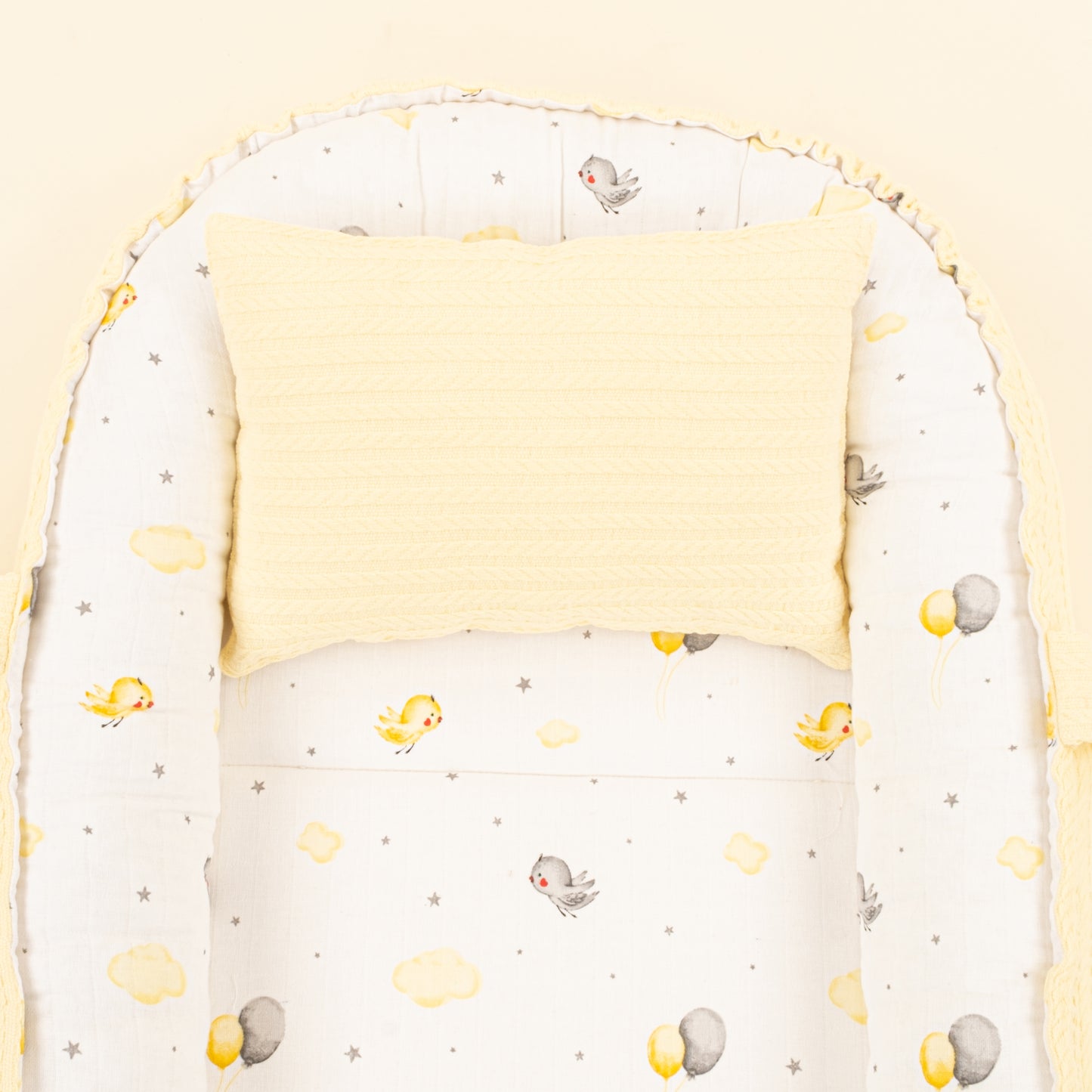 Babynest ve Yastık - Çift Taraflı - Sarı Örgü - Sarı Kuş