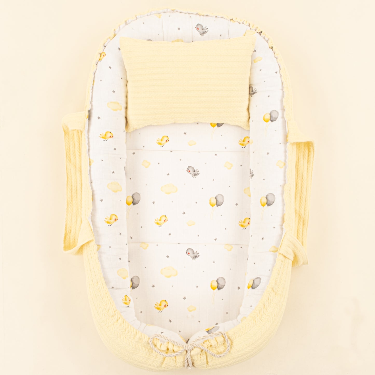 Babynest ve Yastık - Çift Taraflı - Sarı Örgü - Sarı Kuş