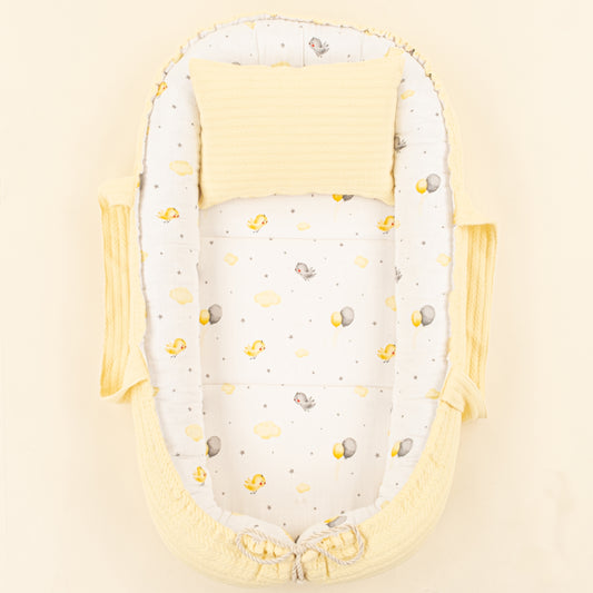 Babynest ve Yastık - Çift Taraflı - Sarı Örgü - Sarı Kuş