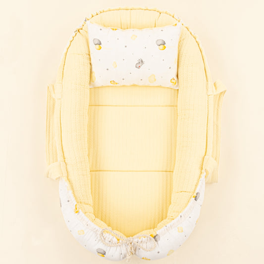 Babynest ve Yastık - Çift Taraflı - Sarı Örgü - Sarı Kuş