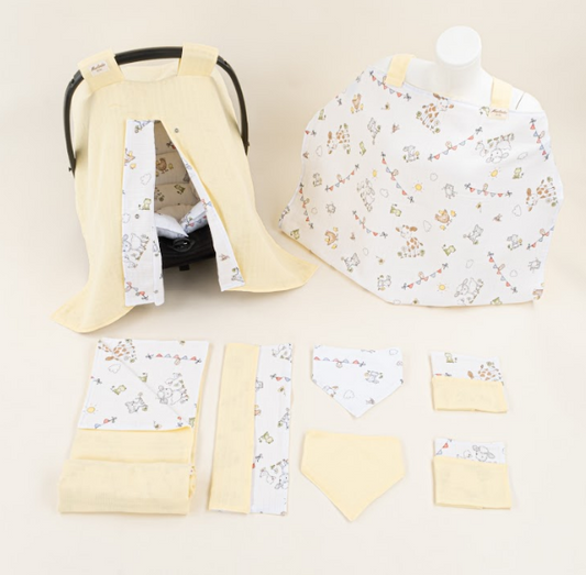 9 Parça Avantajlı Set - Çift Taraflı - Sarı Muslin - Çiftlik Hayvanları