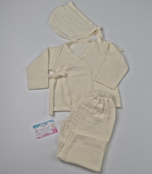 Yenidoğan Hastane Çıkışı İki katlı Muslin Kimono Takım - Krem