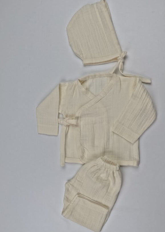 Yenidoğan Hastane Çıkışı İki katlı Muslin Kimono Takım - Krem