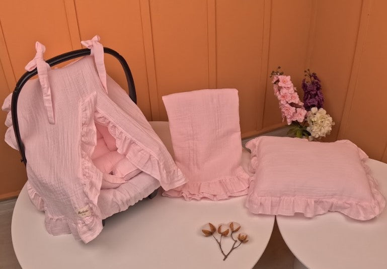 5 Parça Fırfırlı Avantajlı Set - 2 Katlı Organik Muslin Bebe Pembe