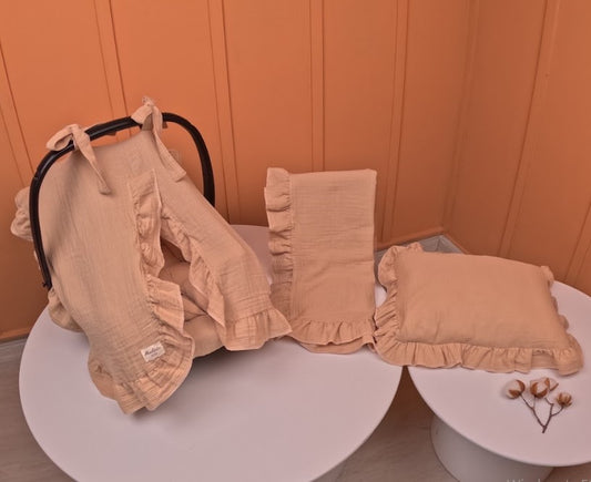 5 Parça Fırfırlı Avantajlı Set - 2 Katlı Organik Muslin Bej