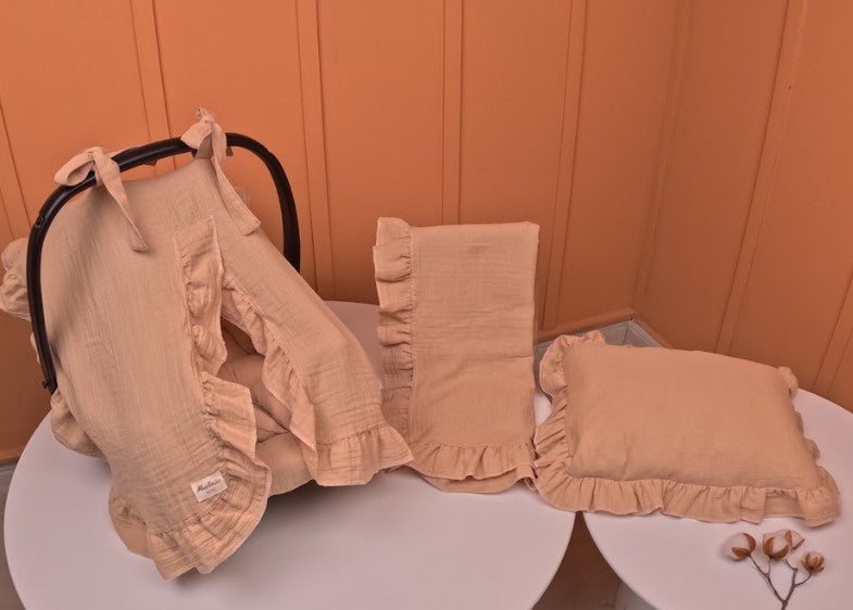 5 Parça Fırfırlı Avantajlı Set - 2 Katlı Organik Muslin Bej