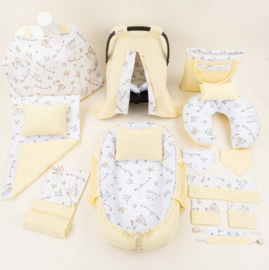 18 Parça Full Set - Çift Taraflı - Sarı Muslin - Çiftlik Hayvanları