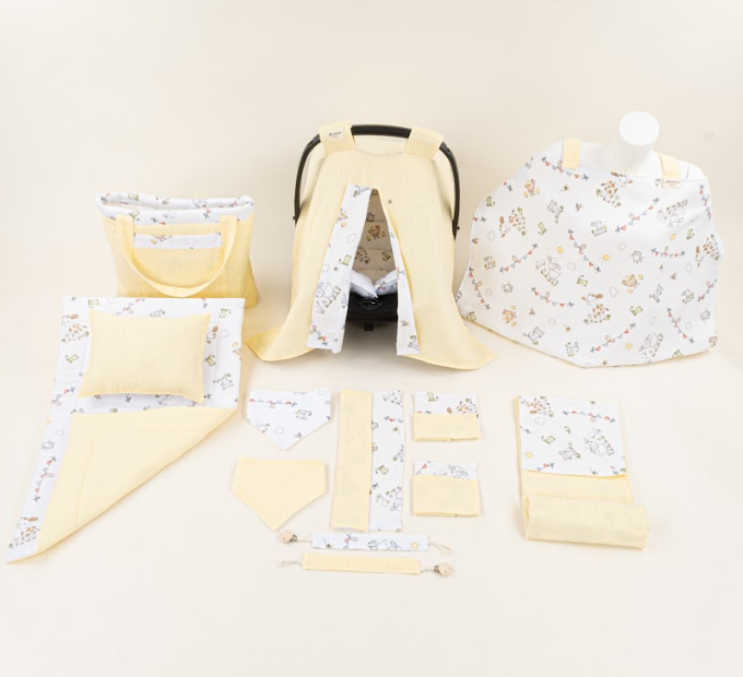 14 Parça Avantajlı Set - Çift Taraflı - Sarı Muslin - Çiftlik Hayvanları