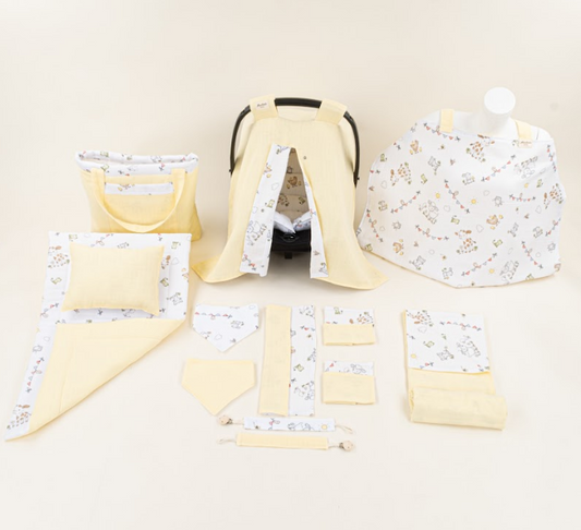 14 Parça Avantajlı Set - Çift Taraflı - Sarı Muslin - Çiftlik Hayvanları