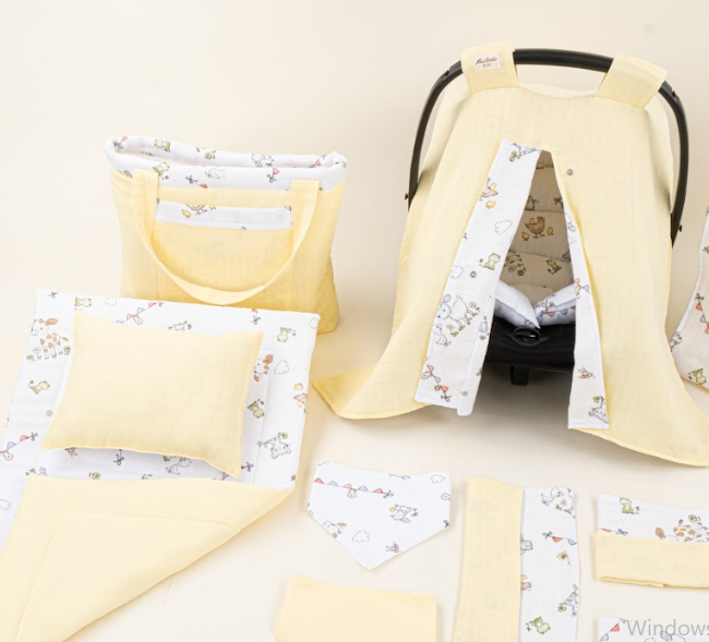 11 Parça Avantajlı Set - Çift Taraflı - Sarı Muslin - Çiftlik Hayvanları
