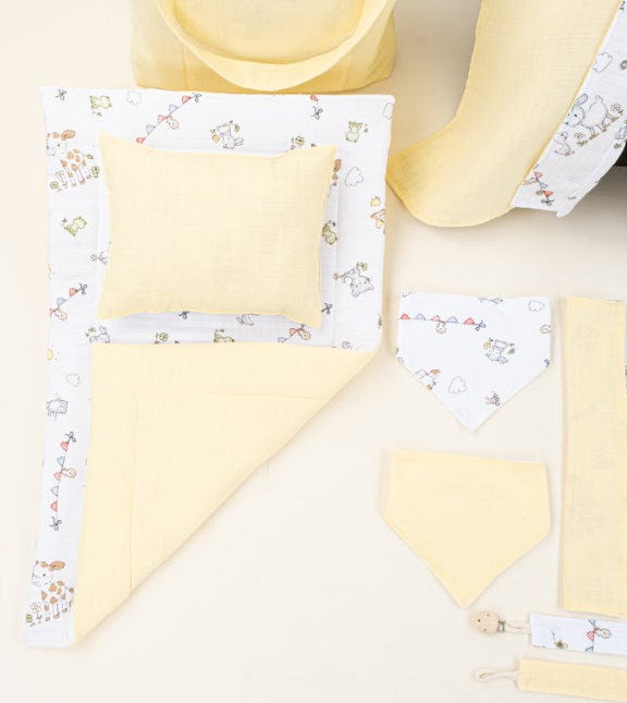 11 Parça Avantajlı Set - Çift Taraflı - Sarı Muslin - Çiftlik Hayvanları