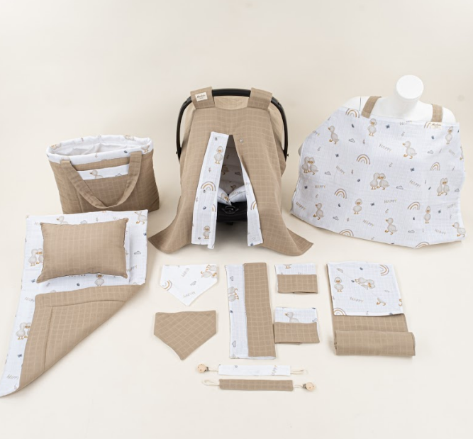 14 Parça Full Set - Çift Taraflı - Toprak Muslin - Kahverengi Ördek