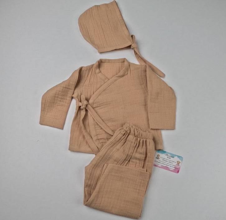 Yenidoğan Hastane Çıkışı İki katlı Muslin Kimono Takım - Bej