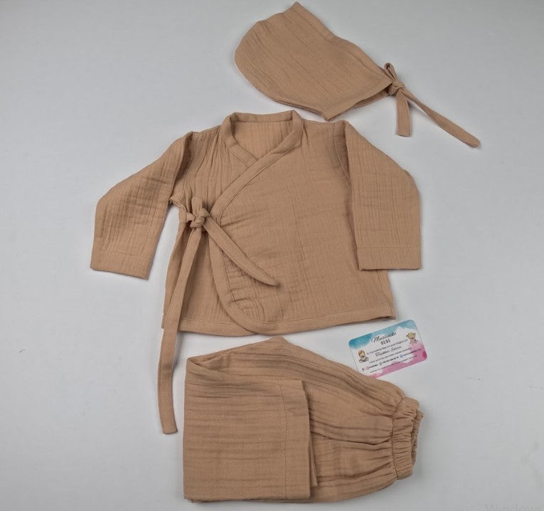 Yenidoğan Hastane Çıkışı İki katlı Muslin Kimono Takım - Bej