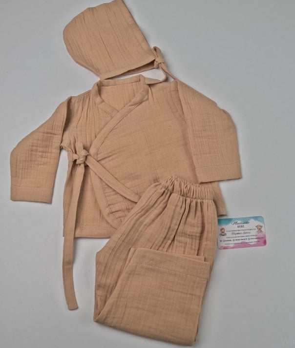 Yenidoğan Hastane Çıkışı İki katlı Muslin Kimono Takım - Bej