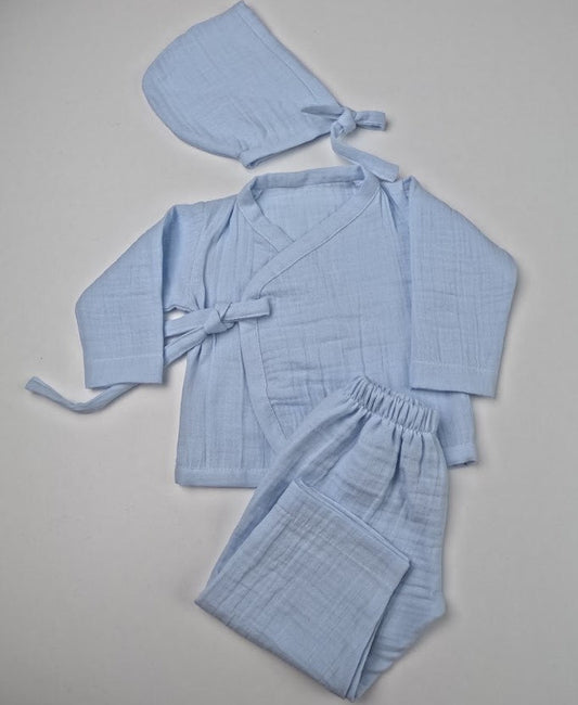 Yenidoğan Hastane Çıkışı İki katlı Muslin Kimono Takım - Mavi