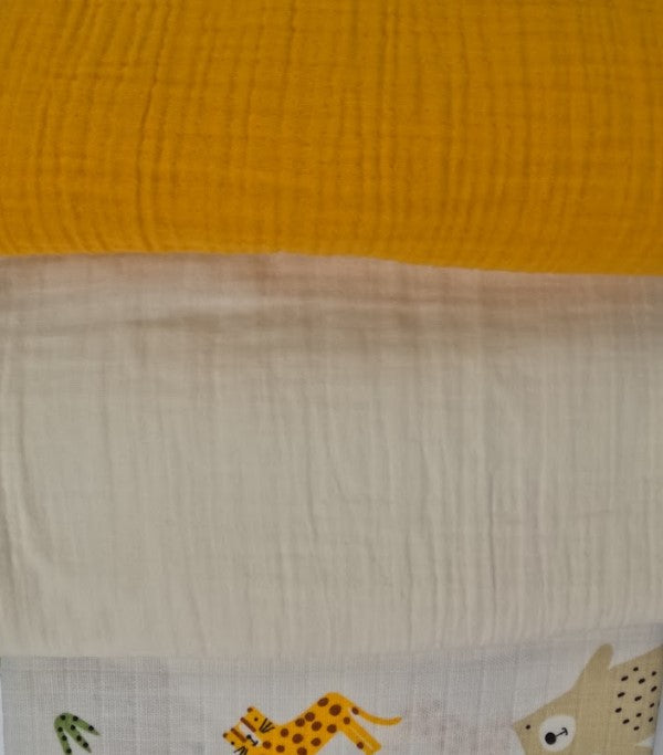 3 lü Bebek Muslin Battaniye Set - Dört Katlı Püsküllü Hardal - İki Katlı Krem - Aslan