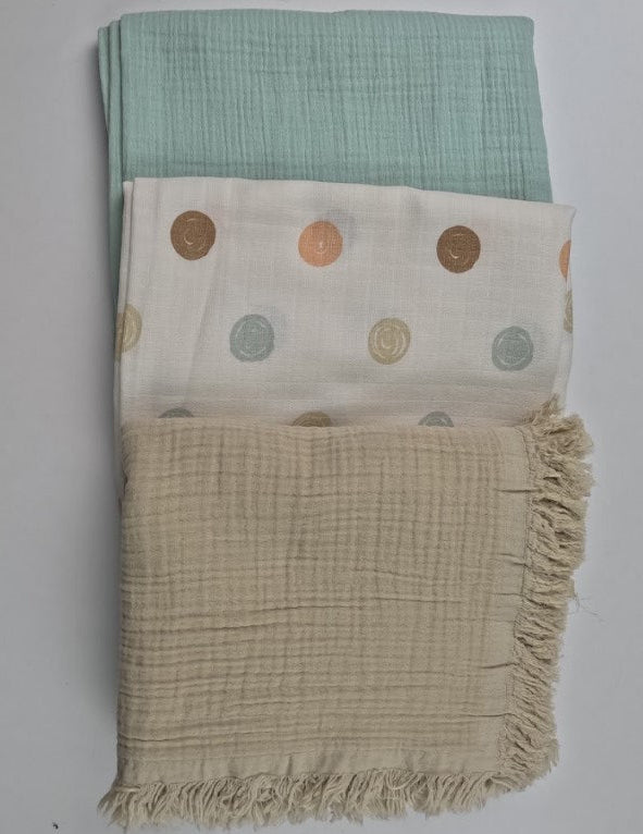 3 lü Bebek Muslin Battaniye Set - Dört Katlı Püsküllü Taş - İki Katlı Bebe Mint - Puantiye
