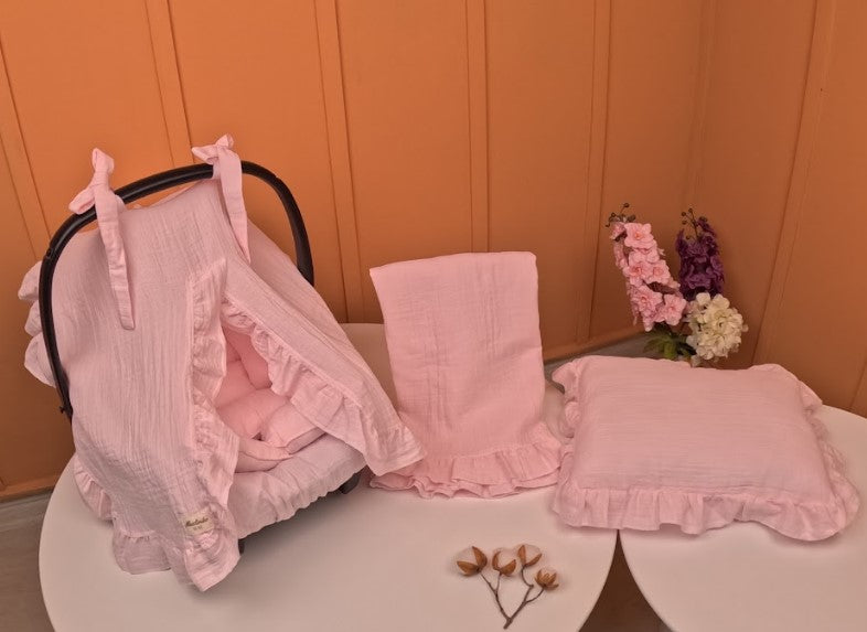 5 Parça Fırfırlı Avantajlı Set - 2 Katlı Organik Muslin Bebe Pembe