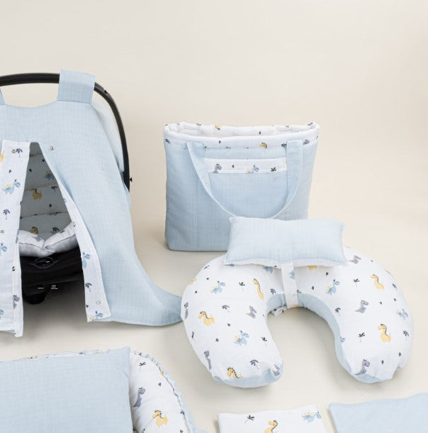 18 Parça Full Set - Çift Taraflı - Bebe Mavi Muslin - Dino