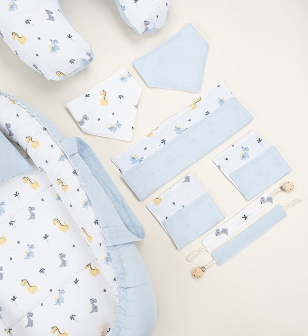 18 Parça Full Set - Çift Taraflı - Bebe Mavi Muslin - Dino