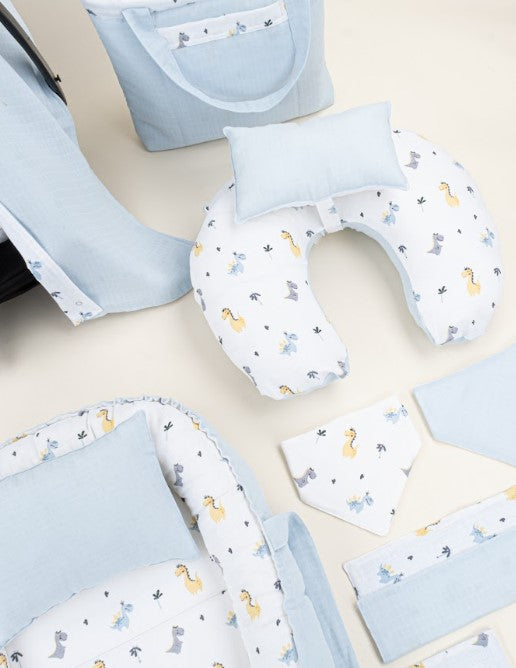 18 Parça Full Set - Çift Taraflı - Bebe Mavi Muslin - Dino