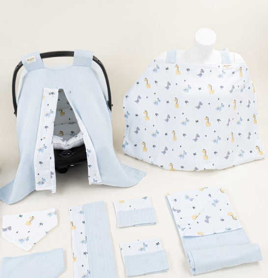 14 Parça Avantajlı Set - Çift Taraflı - Bebe Mavisi Muslin - Dino