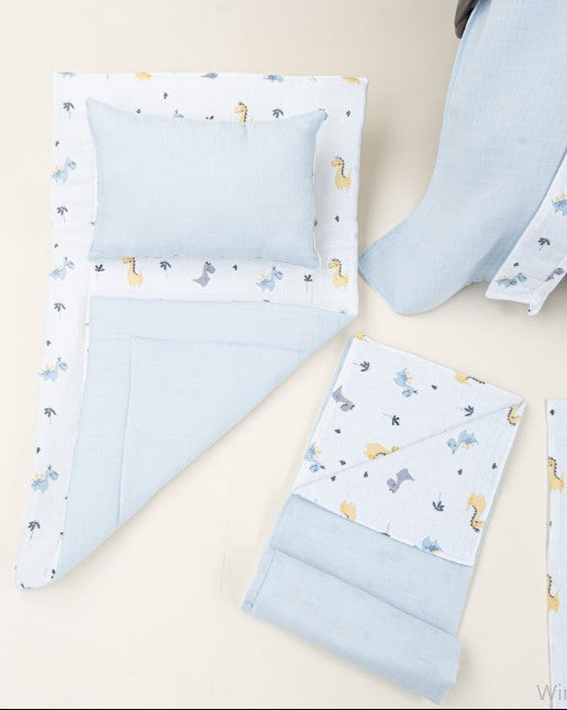 11 Parça Avantajlı Set - Çift Taraflı - Bebe Mavisi Muslin - Dino
