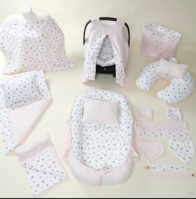 18 Parça Full Set - Çift Taraflı - Bebe Pembe Muslin - Çiçekler