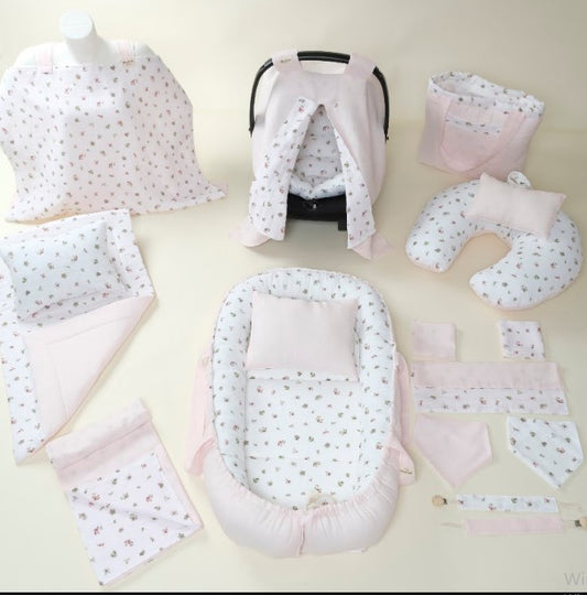 18 Parça Full Set - Çift Taraflı - Bebe Pembe Muslin - Çiçekler