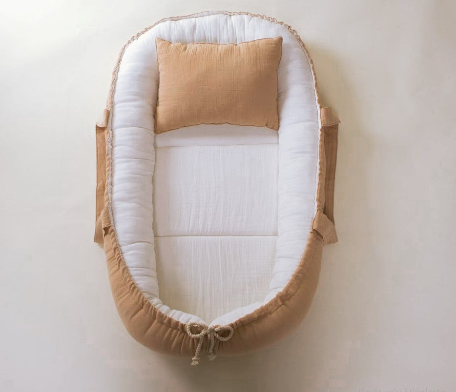 Babynest ve Yastık - Çift Taraflı - İki Katlı Bej Muslin - İki Katlı Krem Muslin