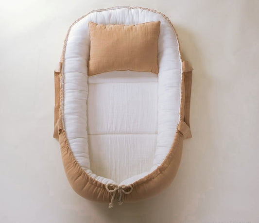 Babynest ve Yastık - Çift Taraflı - İki Katlı Bej Muslin - İki Katlı Krem Muslin