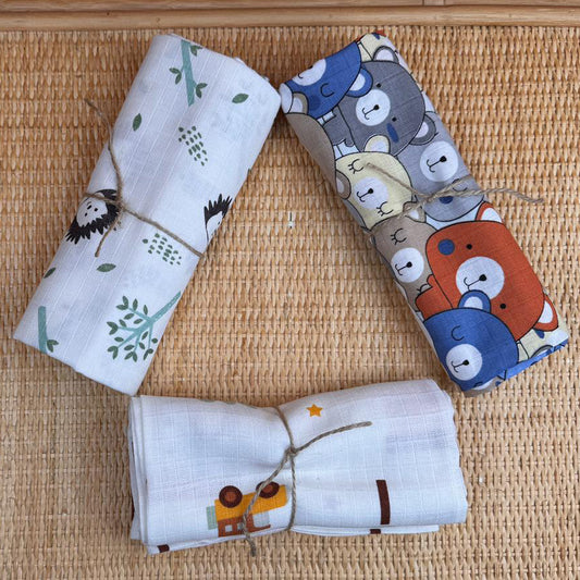 3lü Set - Müslin Örtü - Kirpi / Sarı Ev / Renkli Ayıcıklar