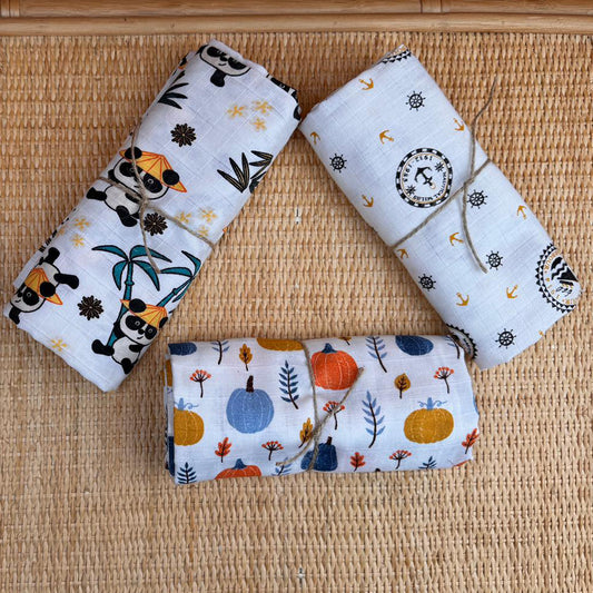 3lü Set - Müslin Örtü - Sarı Gemi / Mavi Balkabağı / Tropikal Panda