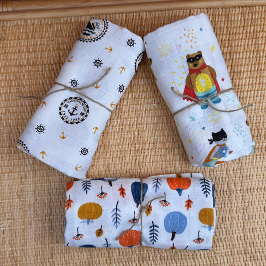 3lü Set - Müslin Örtü - Sarı Gemi / Süper Kahramanlar / Tropikal Panda