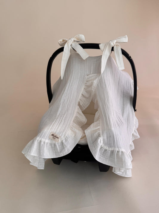 Fırfırlı Puset Örtüsü ve Minderi - 2 Katlı Organik Muslin Krem