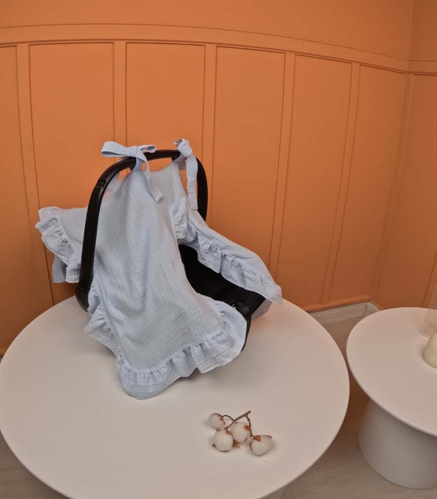 fırfırlı Puset örtüsü - 2 Katlı Organik Muslin Bebe Mavi