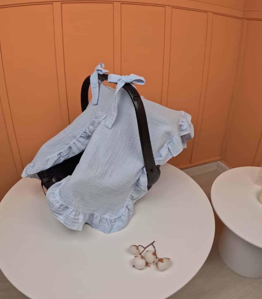 fırfırlı Puset örtüsü - 2 Katlı Organik Muslin Bebe Mavi