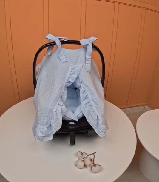 Fırfırlı Puset Örtüsü ve Minderi - 2 Katlı Organik Muslin Bebe Mavi