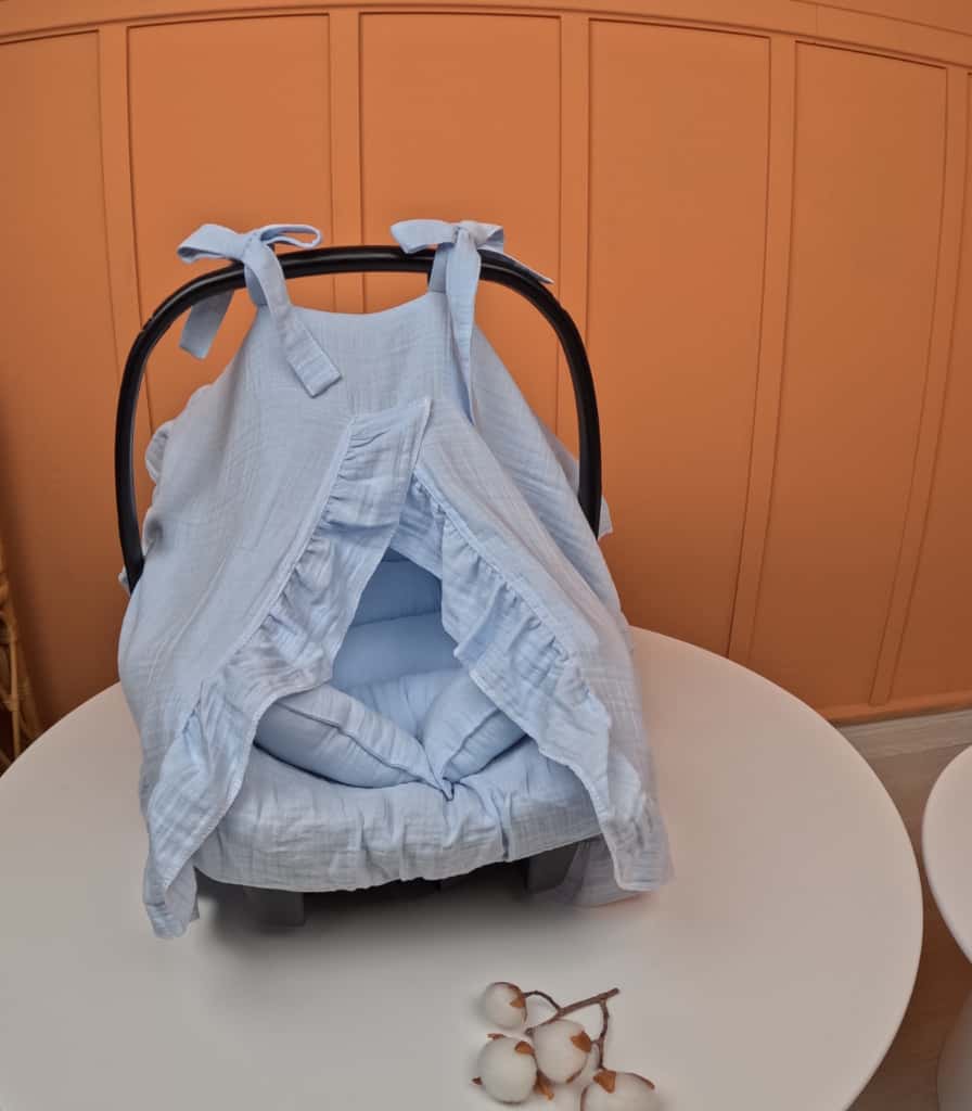 3'lü fırfırlı Puset Seti - 2 Katlı Organik Muslin Bebe Mavi