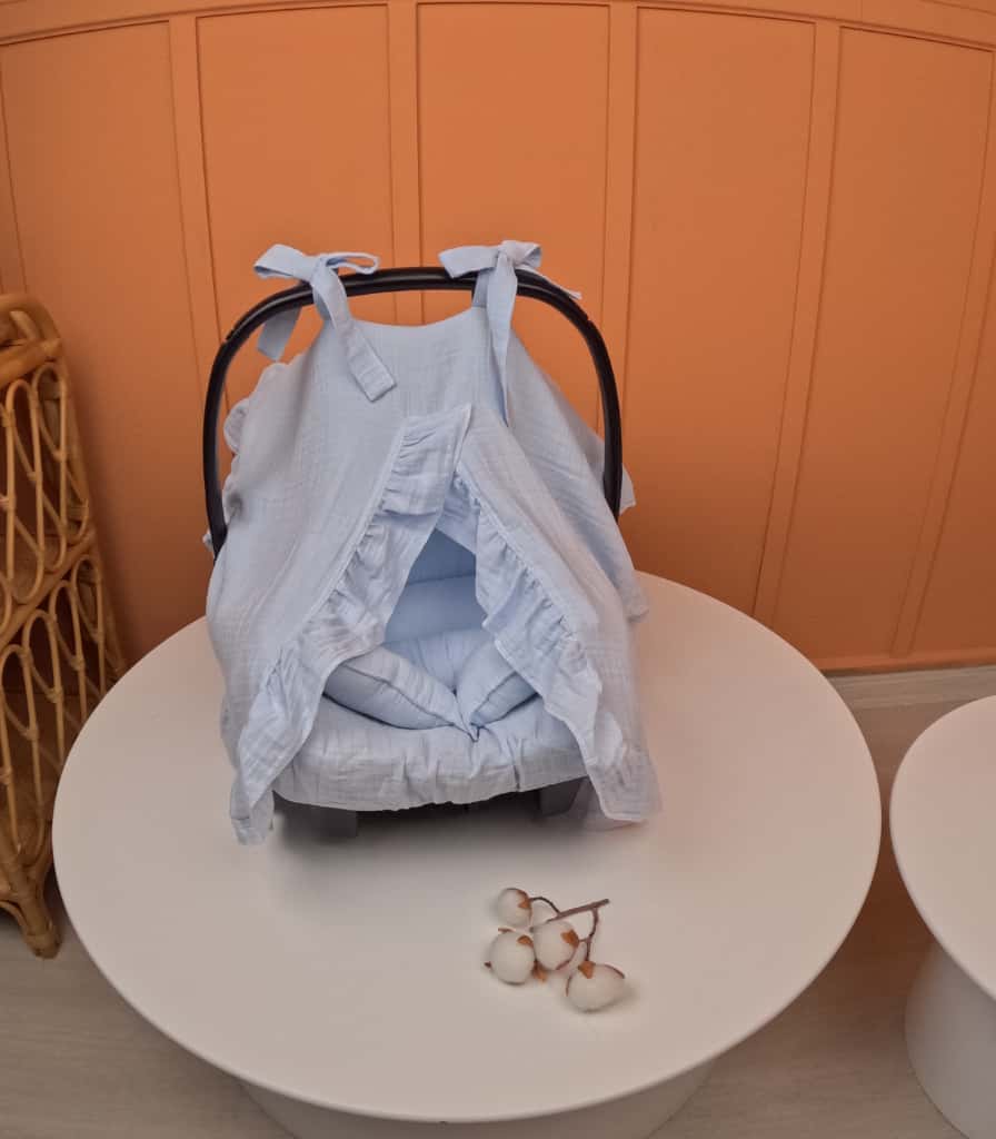 3'lü fırfırlı Puset Seti - 2 Katlı Organik Muslin Bebe Mavi