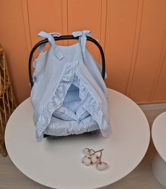 3'lü fırfırlı Puset Seti - 2 Katlı Organik Muslin Bebe Mavi