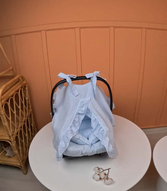 3'lü fırfırlı Puset Seti - 2 Katlı Organik Muslin Bebe Mavi