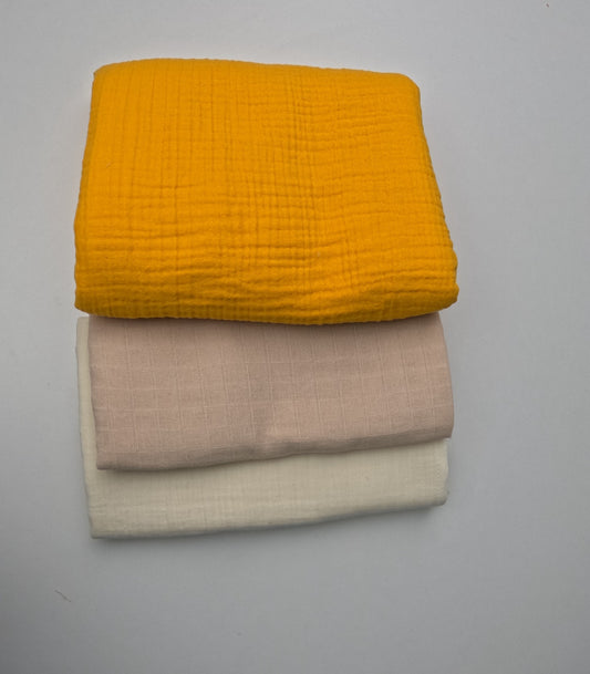 3 lü Bebek Muslin Battaniye Set - Dört Katlı Püsküllü Hardal - İki Katlı Krem - Tek Katlı Kumsal Beji