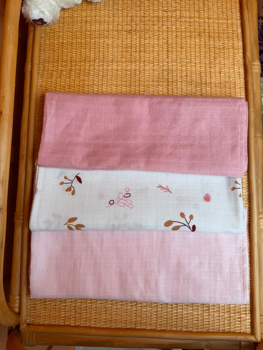 3lü Set - Müslin Örtü - Pudra / Pastel Bahçe / Bebe Pembe