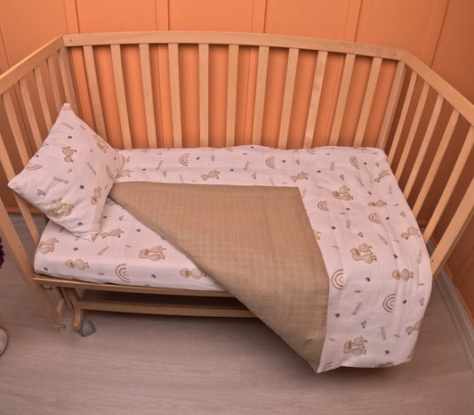 Bebek Muslin Nevresim Seti (Dört Katlı Muslin Battaniye , Yorgan Kılıfı , Yastık Kılıfı , Lastikli Çarşaf) - Taş Dört Katlı Muslin Battaniye - Toprak Muslin - Kahverengi Ördek