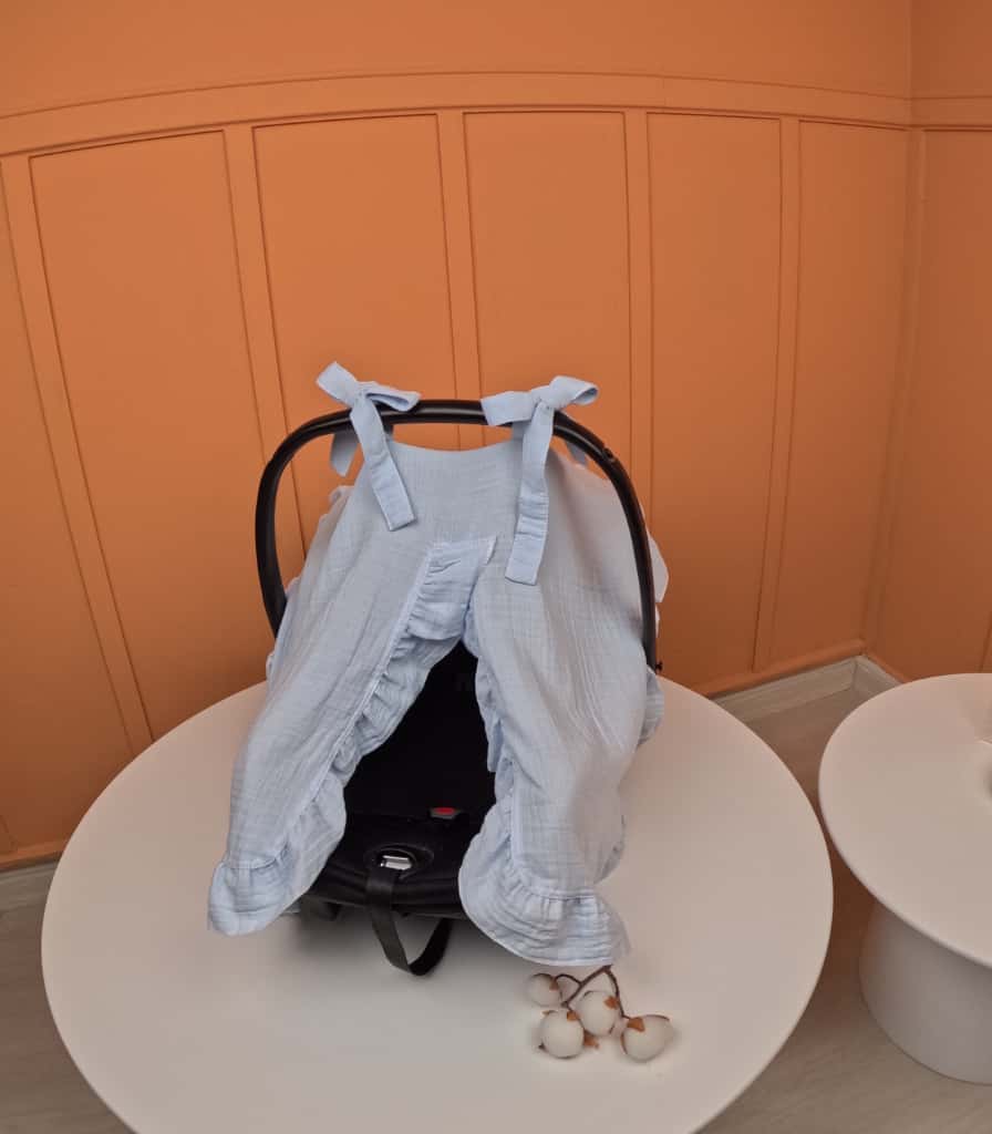 fırfırlı Puset örtüsü - 2 Katlı Organik Muslin Bebe Mavi