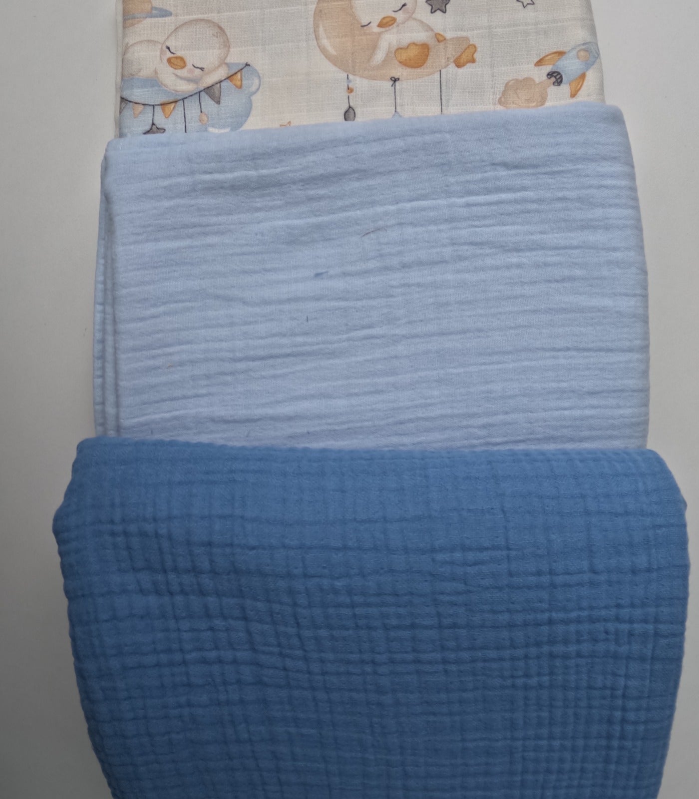 3 lü Bebek Muslin Battaniye Set - Dört Katlı Püsküllü İndigo - İki Katlı Bebe Mavi - Uykucu Ördek