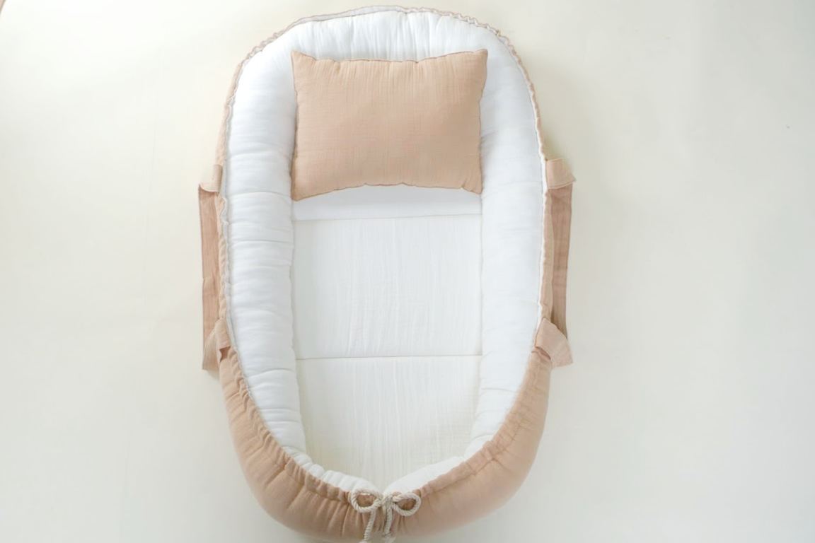 Babynest ve Yastık - Çift Taraflı - İki Katlı Muslin Krem - İki Katlı Muslin Sütlü Kahve